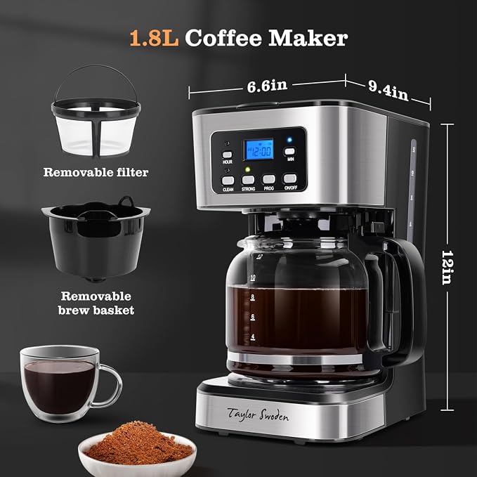 Taylor Swoden 12-Cup Programmable Coffee Maker, Regular & Strong Brew Drip - Image 7