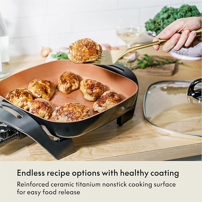 BELLA Electric Ceramic Titanium Skillet, Roast, Fry and Steam, Healthy-Eco Non-stick Coating, Convenient Easy Clean Up, Glass Lid Included, 12" x 12", Copper/Black