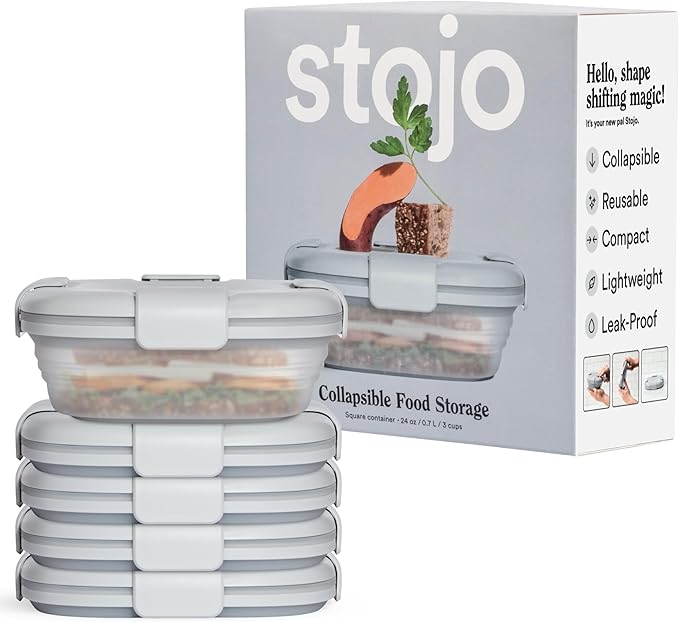 STOJO Collapsible Sandwich Box – 24oz, Reusable Food Storage Container, Silicone Bowl for Hot/Cold Food – Meal Prep, Lunch, Camping, Hiking – Dishwasher Safe (Set of 5, Translucent Cashmere)