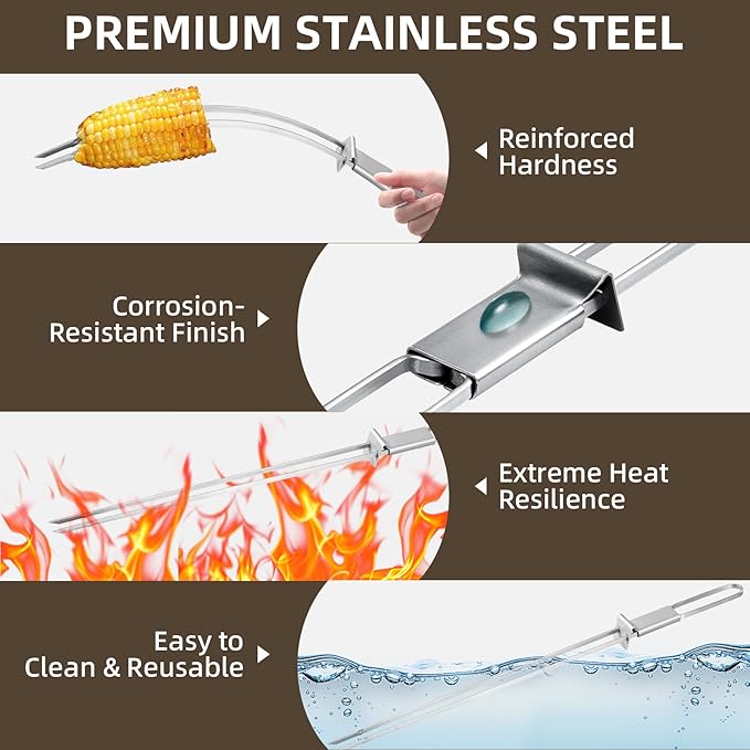 13inch 12(packs) Double Fork Flat Stainless Steel BBQ Skewers with Push Bar, Reusable Skewers for Grilling Kabob Skewer for Meat, Vegetable, BBQ Accessories