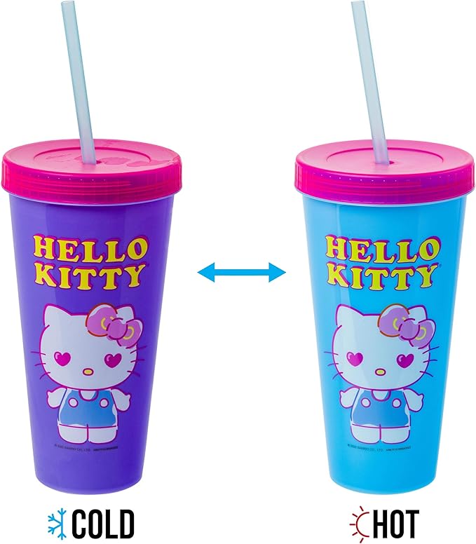 Silver Buffalo Sanrio Hello Kitty Summertime Gardening Color Changing Plastic Tumblers Includes Lid and Straw, 24 Ounces (Pack of 48)