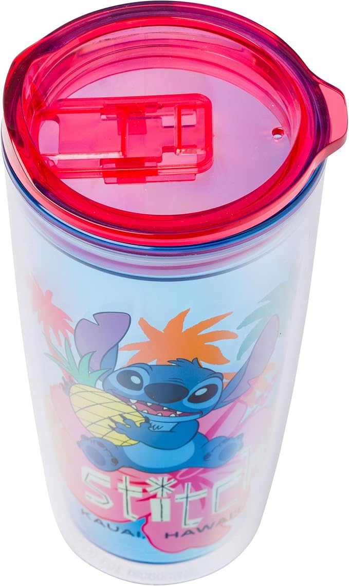 Silver Buffalo Disney Lilo and Stitch Holding Pineapple Tropical Kauai, Hawaii Double Wall Travel Tumbler with Slide Close Lid, 20 Ounces