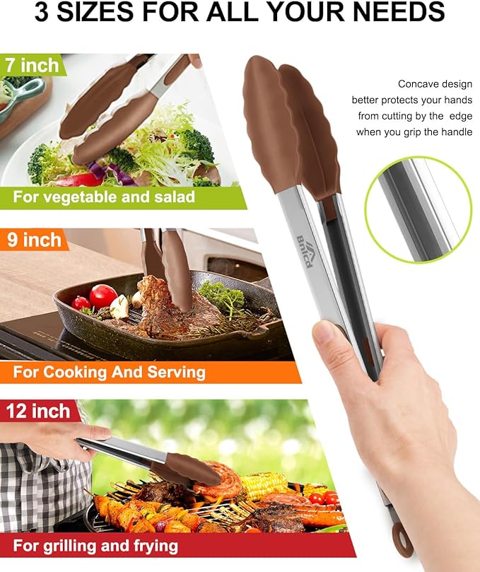 600ºF Heat Resistant Kitchen Tongs, Premium Locking Cooking Tongs with Silicone Tips, Non-Slip Food Tongs for Cooking, Non-Stick, Heavy Duty Stainless Steel Handle, Set of 3-7" 9" and 12" Mud color