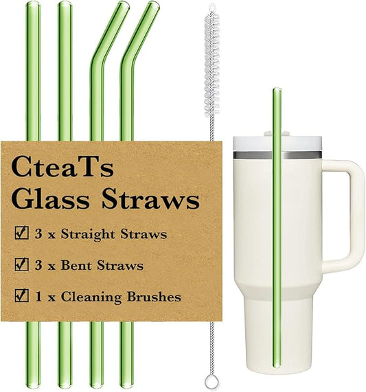 Replacement Straw Compatible with Stanley 40 oz Tumbler Straws, 4 Pcs Reusable Straws with Cleaning Brush, Long Glass Straw for Stanley Accessories, Green
