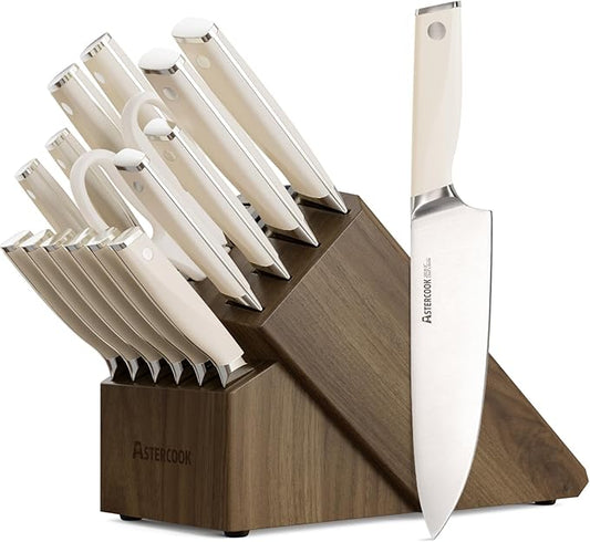 Astercook Knife Set Kitchen with Block and Sharpener Premium Full Tang 17 Pcs German Stainless Steel Knives Dishwasher Safe Kitchen Utensils Set with with and Anti-slip Ergonomic Handle, Cream White