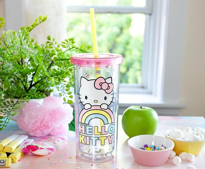 Silver Buffalo Sanrio Hello Kitty Plastic Tall Cold Cup with Lid and Straw, 20 Ounces
