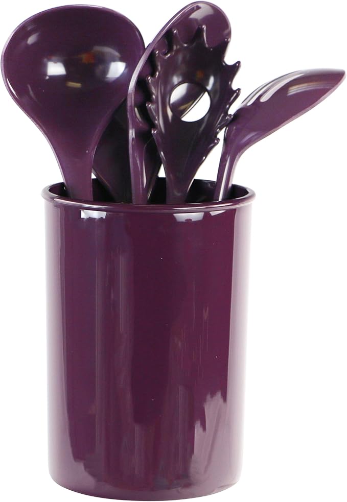 Reston Lloyd 6 Piece Kitchen Utensil Holder for kitchen counter, Utensils crock with Heat Resistant Spoon, Slotted Spoon, Ladle, Spatula BPA Free, Plum