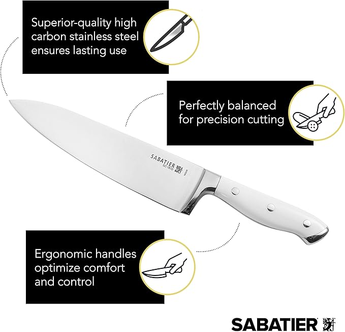 Sabatier 15-Piece Forged Triple Rivet Knife Block Set, High-Carbon Stainless Steel Kitchen Knives, Razor-Sharp Knife set with Acacia Wood Block, White Handles