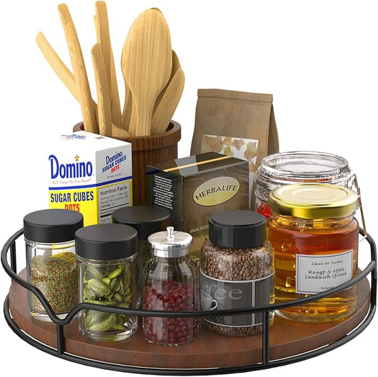 Lazy Susan Turntable Organizer for Cabinet Pantry Kitchen Countertop Refrigerator Cupboard, Pine Wood, 9", Brown