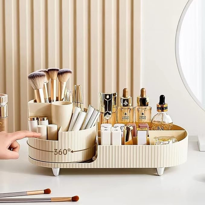 Rotating makeup organizer,Large Capacity Cosmetic Display Case, easy to hold all of your makeup products, at least 20 makeup brushes/eyeliner,10 lipsticks,8 skincare products(Ivory)