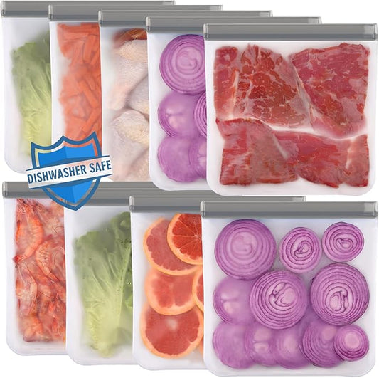 Lerine 9 Pack Reusable Gallon Freezer Bags Dishwasher Safe, BPA Free Reusable freezer Bags 1 Gallon, Extra Thick Leakproof Food Storage Bags for Meal Prep, Fridge Kitchen Organization (Gray, 9Gallon)