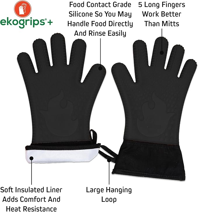 Ekogrips+ Premium Silicone Oven Mitts - Comfy, Waterproof, Heat Resistant BBQ Gloves for Grilling, Long Cuff for Added Protection, 5 Finger Dexterity, 3 Sizes, 4 Colors, S/M, Black