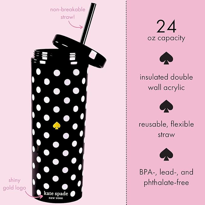 kate spade new york Insulated Tumbler with Reusable Straw, Black 24 Ounce Acrylic Travel Cup with Lid, Polka Dots