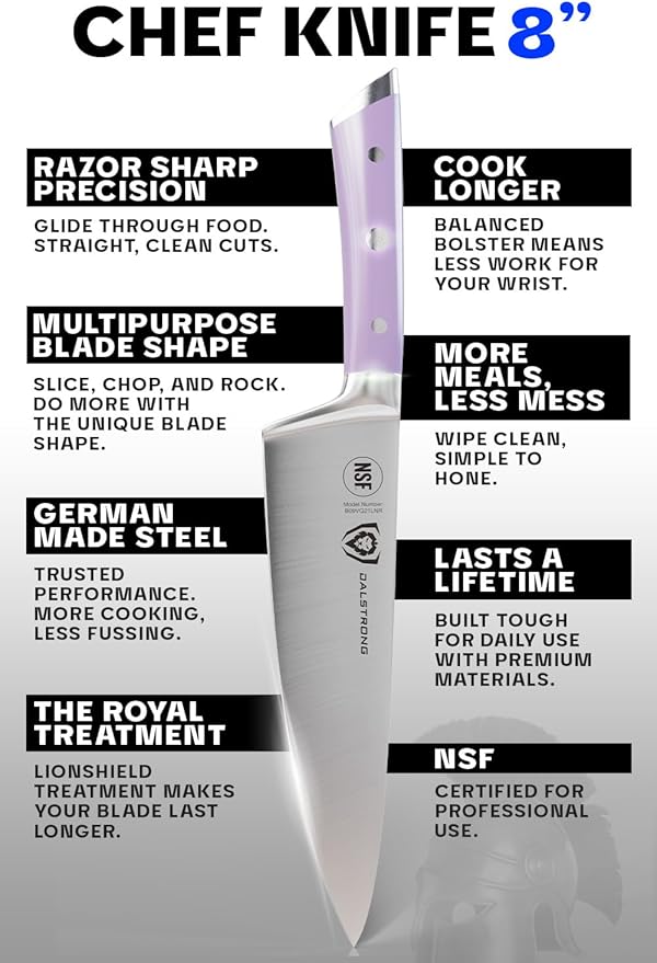 Dalstrong Chef Knife - 8 inch Blade - Gladiator Series - Forged High Carbon German Steel - Razor Sharp Kitchen Knife - Professional Full Tang Knives - Lilac Handle ABS - Sheath - NSF Certified