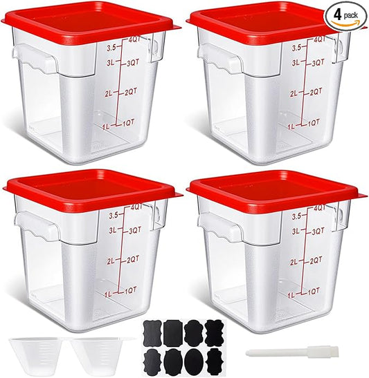 4 Pack 4QT Food Storage Containers with Red Lids, Clear Square Commercial Food Grade Storage Containers with Handles and Scales, BPA-Free Airtight Restaurant Container for Sourdough, Marinating Meat