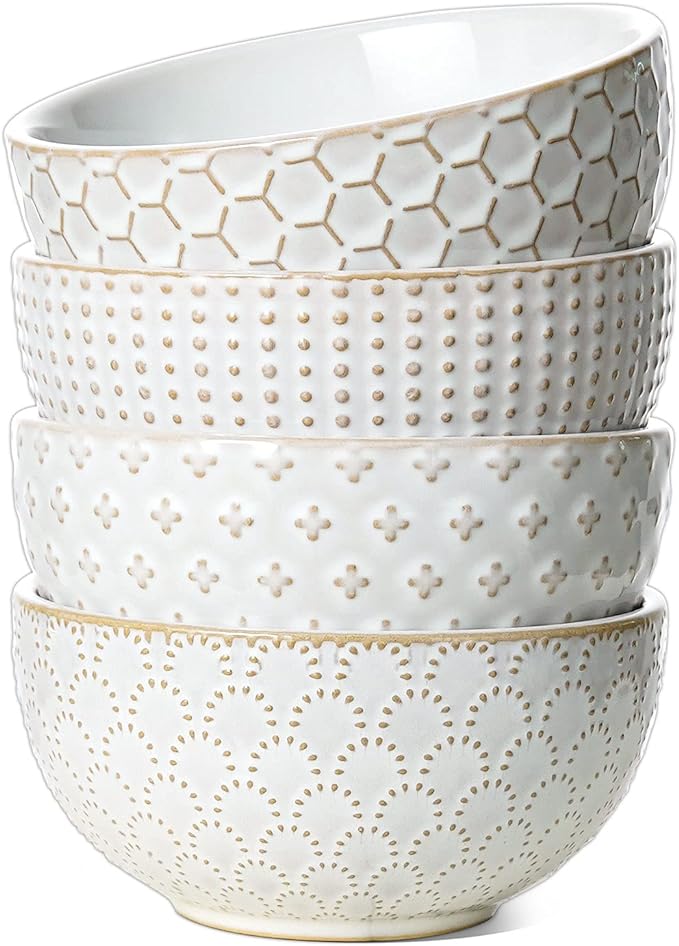 LE TAUCI Cereal bowls 26 oz, Ceramic Soup Bowl for Kitchen, Embossment Stoneware Bowl for Pho, Chip, Fruits, Salad, Noodle, Ramen, Suit For Housewarming - 6 Inch, Set of 4, Arctic white