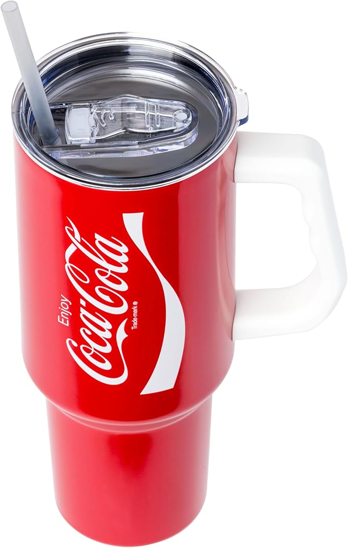 Silver Buffalo Coca-Cola Coke Stainless Steel Tumbler with Handle and Straw, Fits in Standard Cup Holder, 40 Ounces