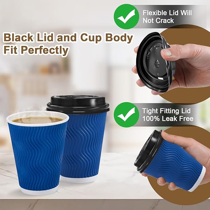 100 Pack Coffee Cups with Lids 12oz, Disposable Insulated Ripple Wall To Go Paper Coffee Cups for Hot/Cold Drinks Office Home Shop Event (Navy)