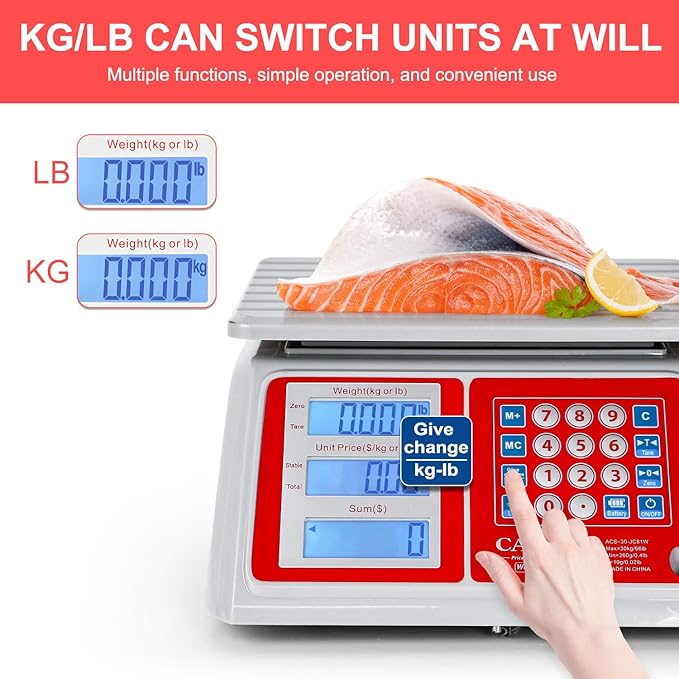 CAMRY Waterproof Commercial Food Scale IPX7 66lb / 30kg Digital Price Computing Meat Produce Weight Scale with White Backlight LCD for Farmers Market, Seafood, Rechargeable