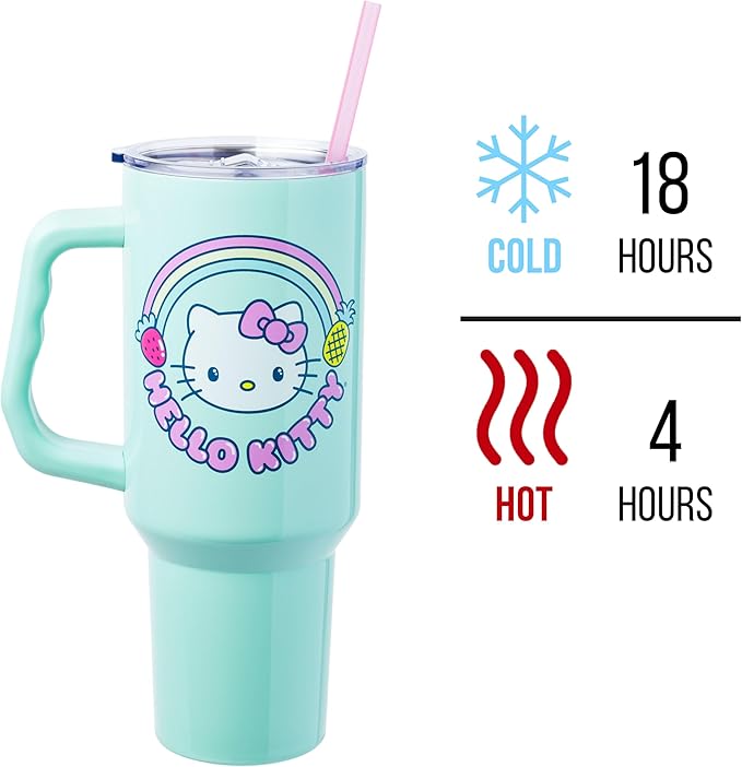Silver Buffalo Sanrio Hello Kitty Kawaii Strawberry, Pineapple, and Rainbows Stainless Steel Tumbler with Handle and Straw, Fits in Standard Cup Holder, 40 Ounces