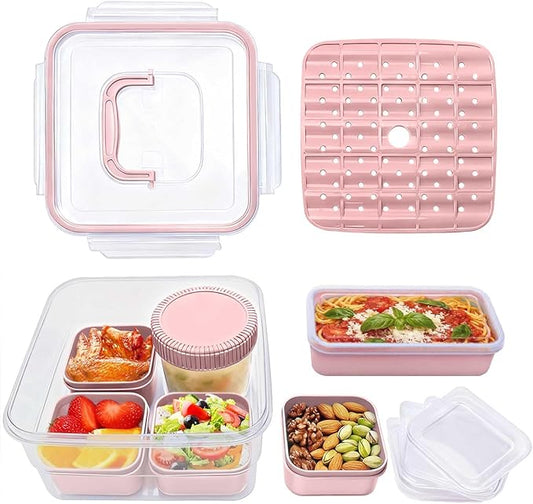 moleath Bento Box with 6 Removable Compartments Lunch Box, Microwave & Dishwasher Safe, Leakproof BPA-Free Snack Containers Ideal for Office, Picnic, Camping, Party, Travel, Pink
