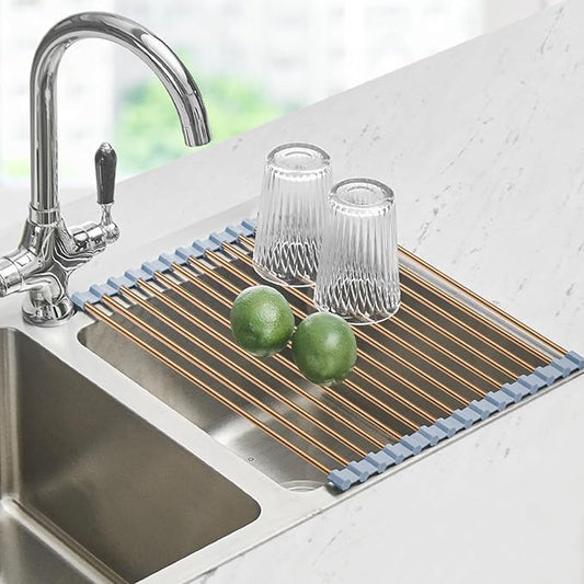 Seropy Roll Up Dish Drying Rack Over The Sink Drying Rack for Kitchen Counter, Rolling Dish Rack Over Sink Mat, Foldable Dish Drainer Stainless Steel Rack Kitchen Organization Gold 17.5"x11.8"