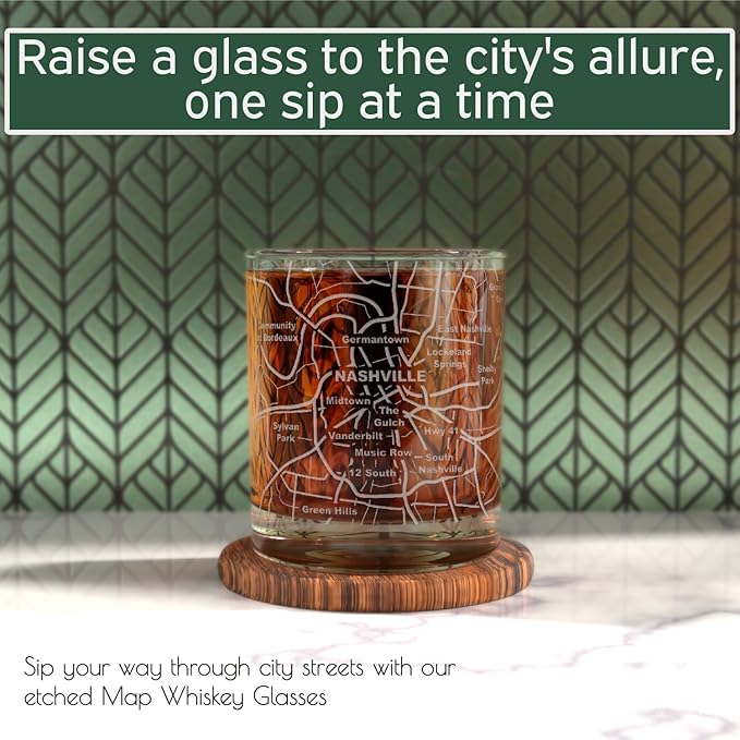 Greenline Goods Whiskey Glasses - 10 Oz Tumbler Gift Set for Nashville lovers, Etched with Nashville Map | Old Fashioned Rocks Glass - Set of 2
