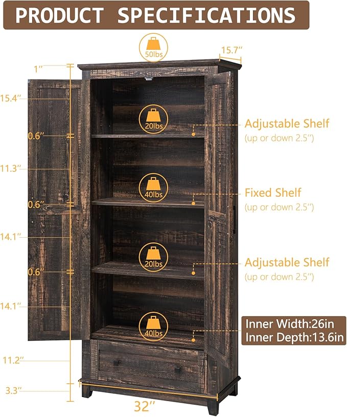 Farmhouse Kitchen Pantry Cabinet, 72" Tall Storage Cabinet with Adjustable Shelves & Barn Doors, Freestanding Kitchen Cupboard for Dining Room, Living Room, Dark Rustic Oak