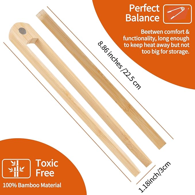 Jowmoy 1 Pieces With Magnet Natural Bamboo Toast Tongs, toast tongs, bamboo tongs,slip Design,for Toaster,Fruits, Bread & Pickles, Kitchen Utensil, Salad, Pasta, Grilling, BBQ.