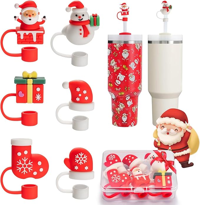 Straw Cover Cap for Stanley Cup 30 40 oz, Silicone Straw Toppers Christmas Hat, Tumbler Cup Accessories for 10mm 0.4in Straws Cute Christmas Ornaments Gifts for Women