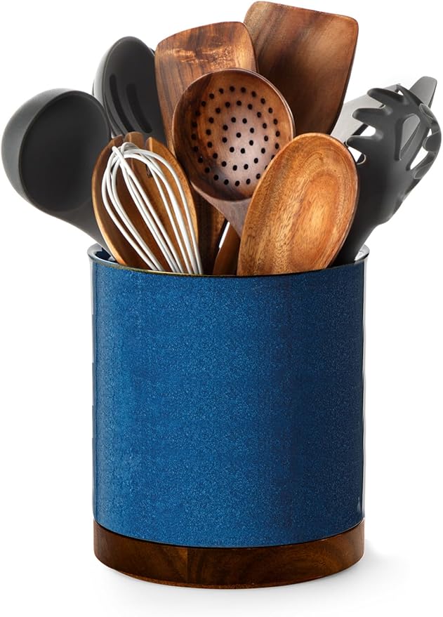 Nucookery 360°Rotating Utensil Holder, 7.2" Kitchen Utensil Crock, Ceramic Cooking Utensil Organizer with Countertop-Protection Cork Bottom for Farmhouse Kitchen Decor Christmas (Royal blue)