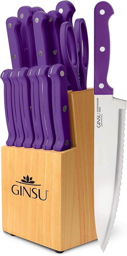 Ginsu Kiso 14-Piece Purple Knife Set with Natural Block - Dishwasher Safe and Always Sharp