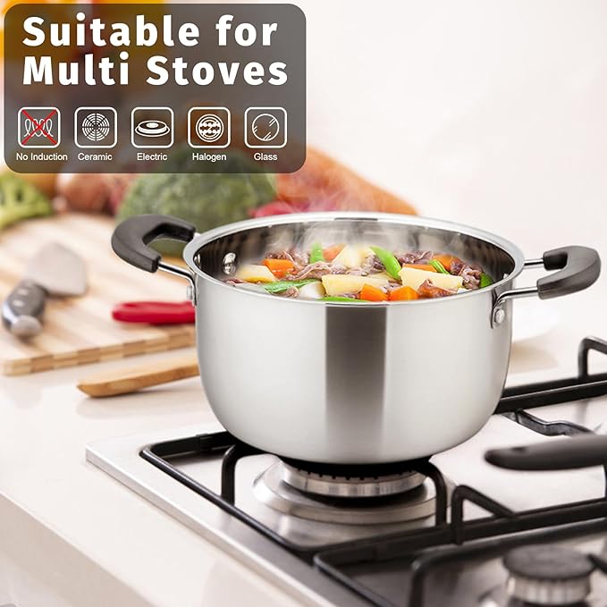 3 Quart Stock Pot with Lid, P&P CHEF Stainless Steel Cooking Pot Stockpot for Soup and Pasta, Heat-proof Handle & Glass Lid, Dishwasher Safe & Non Toxic