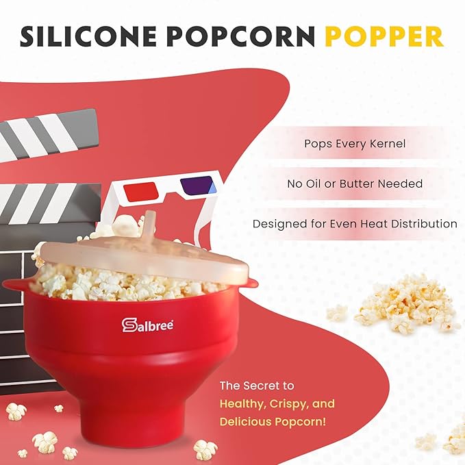 The Original Salbree Collapsible Silicone Microwave Popcorn Popper Maker Machine, Microwavable Bowl Holds 16 Cups, Uses Hot Air and Oil Always Optional - The Most Colors Available (Black)
