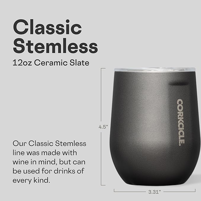 Corkcicle Stemless Wine Tumbler - Keeps Drinks Cold for 6 Hours - Triple-Insulated Stainless Steel - Non-Slip Base - Summer Drinkware Gift - Keeps Drinks Ice Cold - 12 oz - Ceramic Slate
