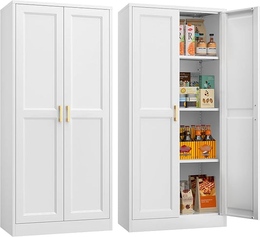 60" Tall Kitchen Pantry Storage Cabinet with Doors and 3 Shelves, Metal Storage Cabinets, White Kitchen Cupboard with Gold Handles, Utility Large Food Cabinet for Pantry, Living Room, Dining