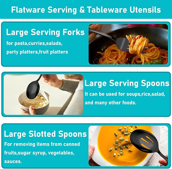 Serving Utensils, 15 Pcs Stainless Steel Large Flatware Serving Tools Kit, Included Spoons, Forks, Tongs, Slotted Spoon, Ladle, Cake Server for Kitchen Catering Banquet Wedding Buffet Party, Black