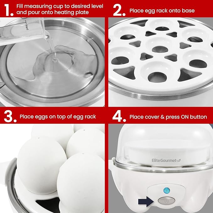 Elite Gourmet EGC-007 Rapid Egg Cooker, 7 Easy-To-Peel, Hard, Medium, Soft Boiled Eggs, Poacher, Omelet Maker, Auto Shut-Off, Alarm, 16-Recipe Booklet, White