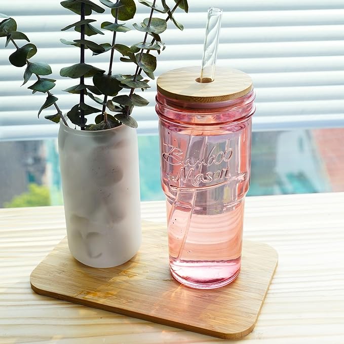 ANOTION Glass Cups with Lids and Straws, 24oz Pink Glass Tumbler Travel Coffee Mug Bamboo Mason Jar Iced Cup Smoothie Tea Clear Cute Water Drinking Jars Glasses