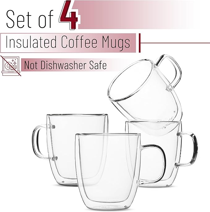 BTaT- Double Wall Glass Coffee Mugs, 12 oz, Set of 4, Clear Latte Cups, Insulated, Christmas Gifts