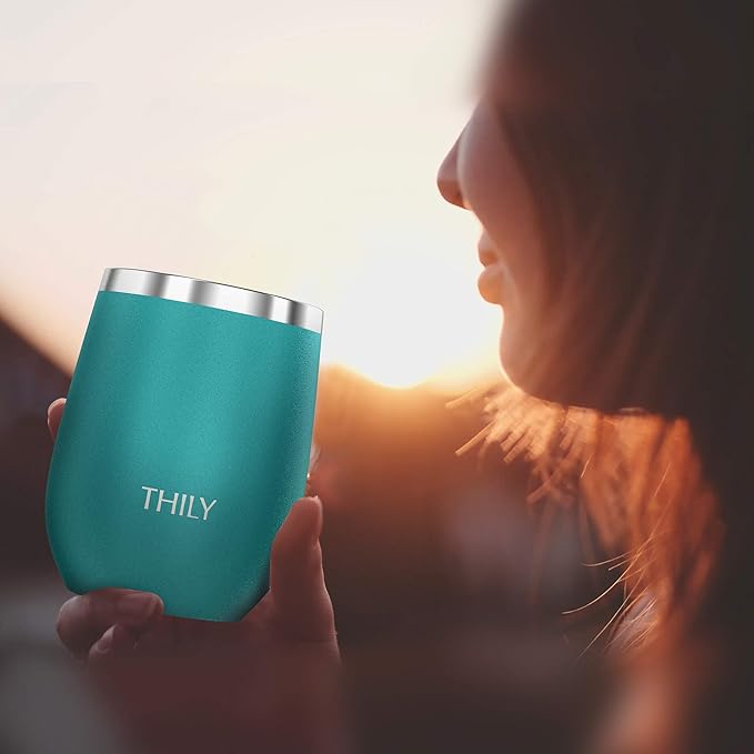 THILY Stainless Steel Stemless Wine Glass T1 Triple Vacuum Insulated Travel Wine Tumbler Cup with Lid and Reusable Straw, 12 oz, Keep Drinks Cold or Hot, Teal