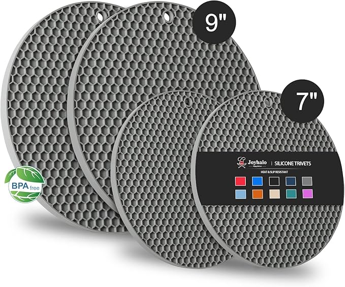 Joyhalo Trivets for Hot Dishes - Hot Pads for Kitchen, Silicone Pot Holders for Hot Pots and Pans, Silicone Mats for Kitchen Countertops, Table, Flexible Easy to Wash and Dry, Grey