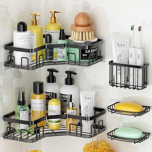 MAXIFFE 5 Pack X-Large Corner Shower Caddy, with Soap Holder and Toothbrush Holder, Large Capacity No Drilling Stainless Steel Hold 40 LB Shower Organizer Shelf Rack for Family Renter Bathroom, Black