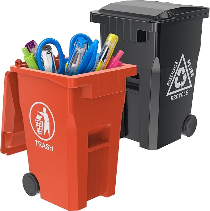Wiosi Mini Garbage Trash Pen Holder for Desk and Tiny Recycle Bin Pencil Holder Black & Orange, Pack of 2 - Storage for Pencil & Pen | Office Stationery to Organize The Desk | Ideal for Student Work