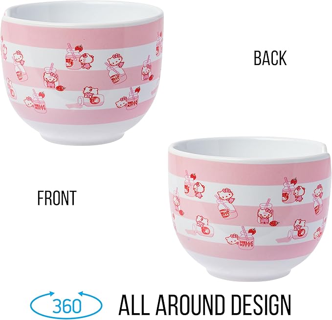 Silver Buffalo Sanrio Hello Kitty Strawberry Milk Pattern Ceramic Ramen Noodle Rice Bowl with Chopsticks, Microwave Safe, 20 Ounces