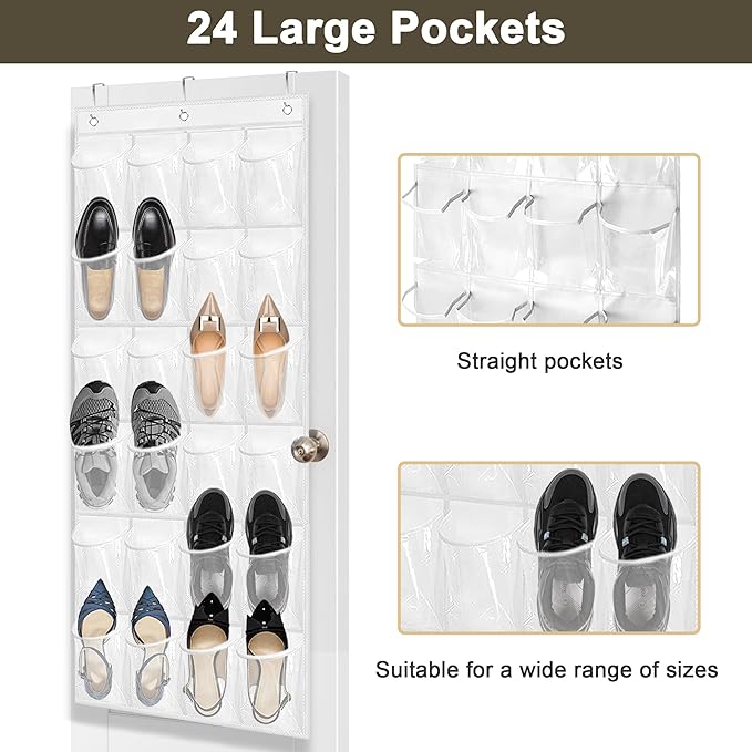 Over The Door Shoe Organizer - 2 Pack Shoe Rack for Door with 24 Pockets and Hooks, Shoe Holder Back of Door Organizers for Shoes, Hanging Shoe Organizer for Space Saving, White