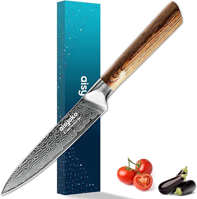 5-Inch Paring Knife - Japanese VG-10 Super Steel 67-Layer Damascus Blade - Fruit Utility Knife for Carving & Peeling - Luxury Gift Box with Color Wooden Handle - Includes Scabbard