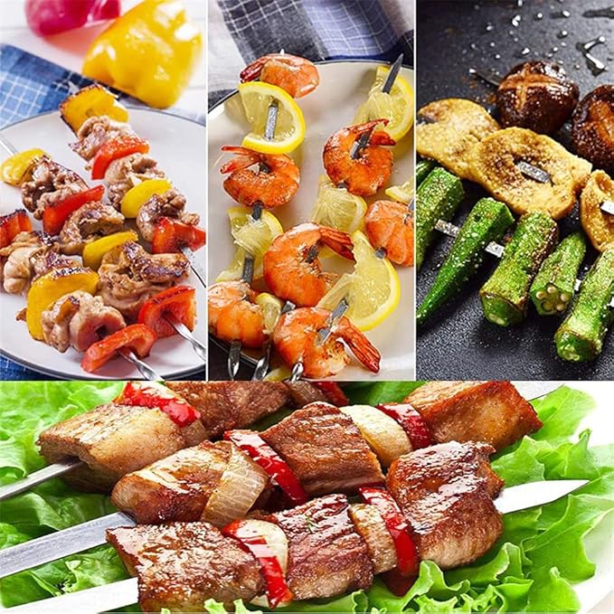 12PCS Kabob Skewers Flat Metal Stainless Steel BBQ Barbecue Skewer 14" Anti-Roll Heavy Duty Shish Kebob Sticks Wide Reusable Grilling Skewers Set for Meat Shrimp Chicken Vegetable Kebab Fork Sausage…