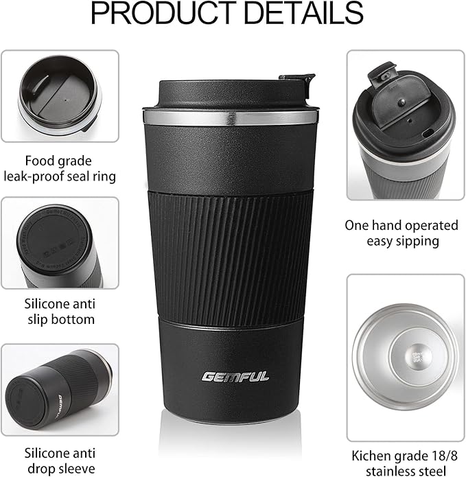 GEMFUL Travel Coffee Mug 2 Pack Insulated To Go Tumbler with Lid Portable Stainless Steel Reusable Cups Leak proof for Women Hot Cold Drinks 17oz (Black and White)