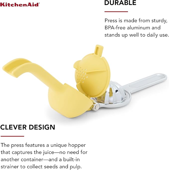 KitchenAid Citrus Juice Press Squeezer for Lemons and Limes with Seed Catcher and Pour Spout, Lemon, 8 Inch